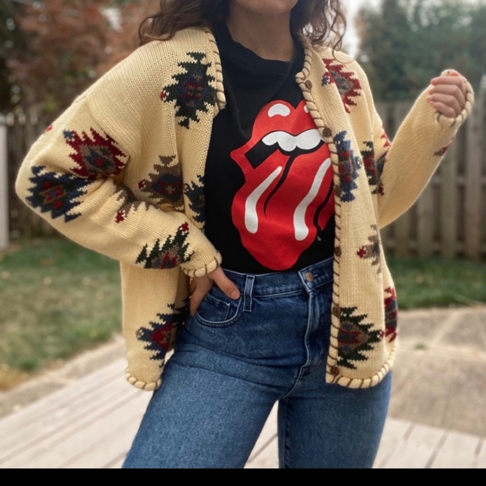 Vintage Yellow Aztec Knit Button Up Cardigan